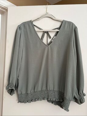 Maurices Sage Green V-Neck Blouse with Back Tie